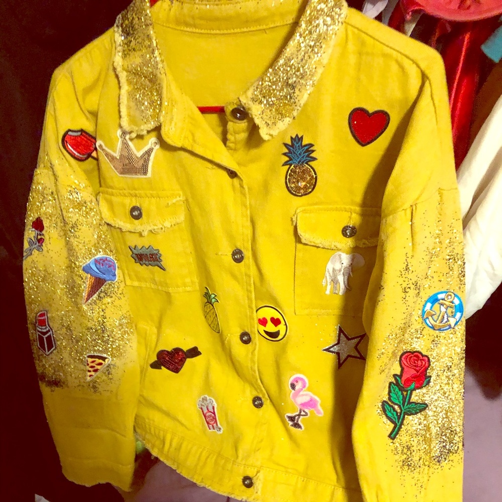 Denim Jacket-yellow with custom patches